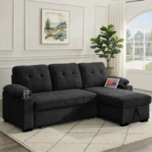 95" Sleeper Sectional Sofa with Pull-Out Bed, Convertible L-Shaped Couch with Reversible Storage Chaise, USB Ports, Cup Holders